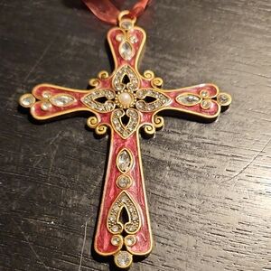 Beautiful Vintage Cabochon Gold and Red Enameled Cross Pendant Necklace